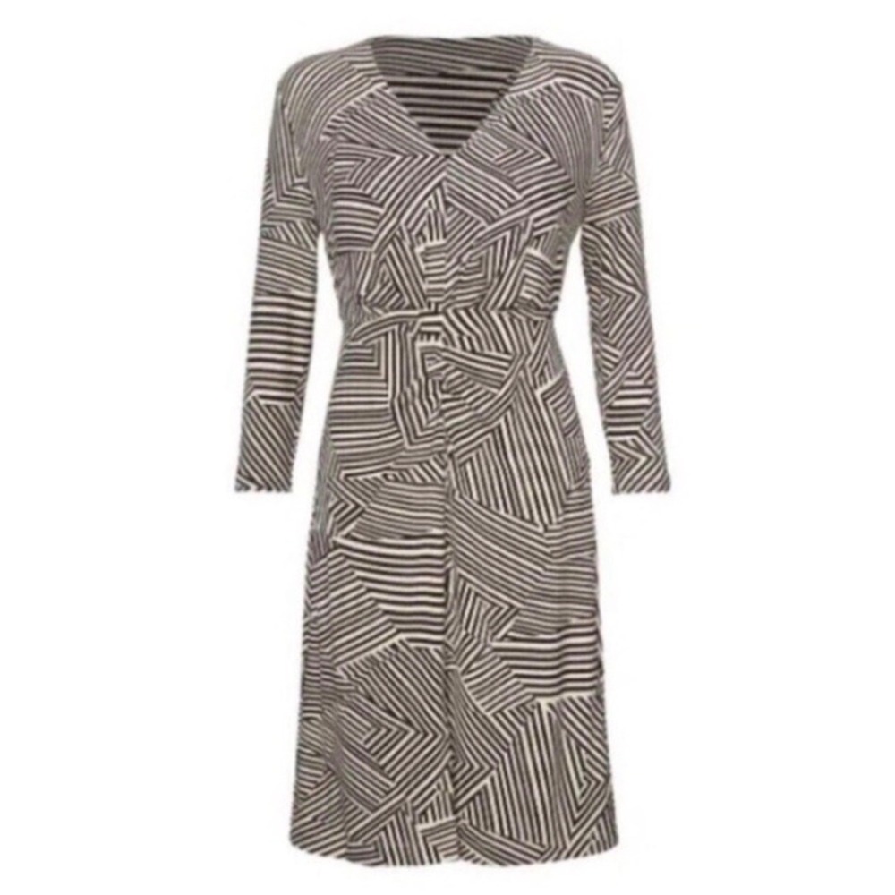 Cabi Twist Front Dress 4614 Brown White Geometric Stripe V-Neck XL 3/4 Sleeve